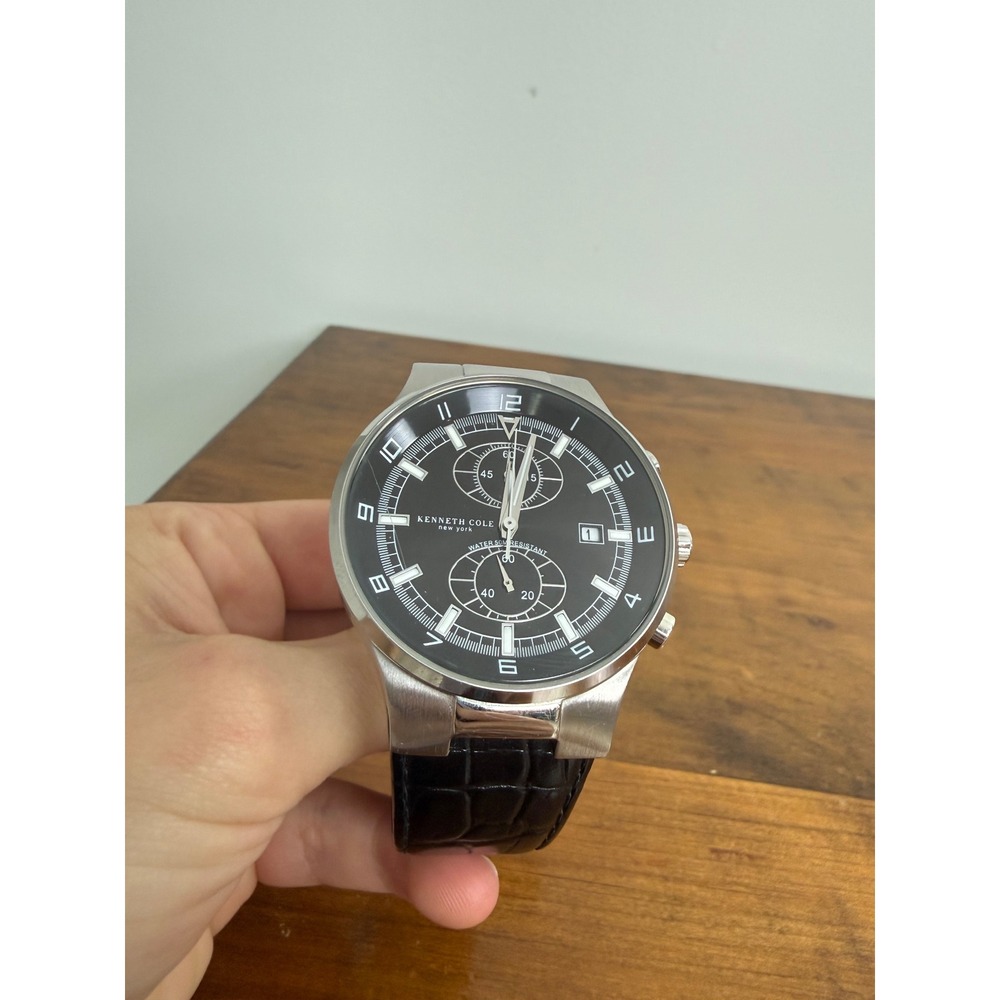 Kenneth Cole New York Men's Chronograph Watch KC3874 Black Leather Strap Silver